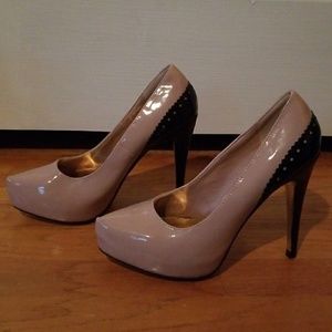 Nude blush and black patent high heels